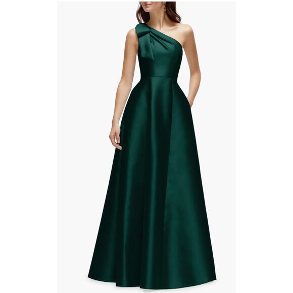 NWT- Alfred Sung Bow One Shoulder Full A-Line Maxi Dress Evergreen Size 18 - Picture 1 of 8